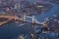 Illuminated Tower Bridge at blue hour dusk from above