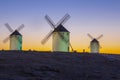 Illuminated traditional windmills at rising Royalty Free Stock Photo