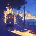 Illuminated Tram Journey at Dusk in European City