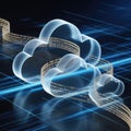 Illuminated translucent cloud shapes with embedded binary code streams flowing on a dark background with glowing blue grid lines Royalty Free Stock Photo
