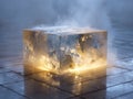 Illuminated translucent cube emitting steam glowing warmly on a wet reflective tiled floor in a misty atmosphere with dramatic Royalty Free Stock Photo