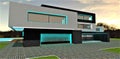 Illuminated in turquoise entrance to a garage of the country dwelling with lifting aluminium gate at night. 3d rendering