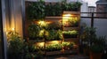 Illuminated Vertical Pallet Garden on a City Balcony Royalty Free Stock Photo