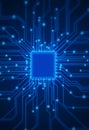 Illuminated in vibrant blue, intricate circuits and connections radiate from a central processor, symbolizing the Royalty Free Stock Photo
