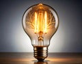 Illuminated Vintage Edison Style Lightbulb Glowing on a Wooden Surface Royalty Free Stock Photo