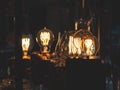 Illuminated Vintage Light Bulbs, Dark Background Royalty Free Stock Photo