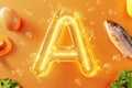 Illuminated vitamin A letter with bubbles and food sources. Royalty Free Stock Photo