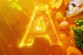 Illuminated vitamin A letter with bubbles and food sources. Royalty Free Stock Photo