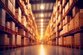 An illuminated warehouse aisle with focus on foreground and blurry background Royalty Free Stock Photo