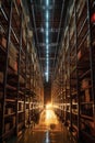 illuminated warehouse aisle with tall storage racks