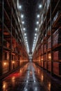 illuminated warehouse aisle with tall storage racks