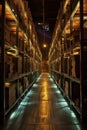 illuminated warehouse aisle with tall storage racks