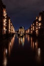 Illuminated Wasserschloss water castle - famous historic building in Hamburg