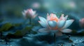 Pink lotus flower in full bloom, its petals translucent with dew, against a backdrop of dark blue water and green leaves Royalty Free Stock Photo