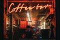 Illuminated window and neon sign on a Coffee Bar in Canary Wharf, London, UK