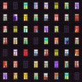 Illuminated windows in facade of a large apartment building, seamless pattern, night panorama multistory city house. Multi-colored