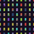 Illuminated windows in facade of a large apartment building, seamless pattern, night panorama multistory city house. Multi-colored