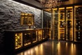 illuminated wine cellar with modern glass and metal racks