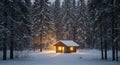 Illuminated Winter Cabin in Snowy Forest at Night Royalty Free Stock Photo