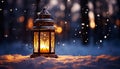 Illuminated winter celebration lanterns, snow, and candlelight in nature generated by AI Royalty Free Stock Photo