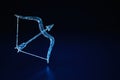 Illuminated wireframe of a bow and arrow on dark blue background. 3D Rendering