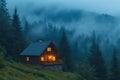 Wooden house in the forest with the foggy mountains. The image is generated with the use of an AI. Royalty Free Stock Photo