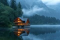 Wooden house in the forest with the foggy mountains. The image is generated with the use of an AI. Royalty Free Stock Photo