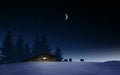 Illuminated wooden hut in a winter night Royalty Free Stock Photo