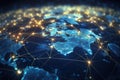 Illuminated World Map, A Breathtaking Display of Global City Lights, Global network connection is depicted in a futuristic Royalty Free Stock Photo