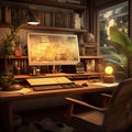 Illuminated Writer's Workspace with Traditional and Futuristic Elements Royalty Free Stock Photo