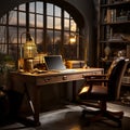 Illuminated Writer's Workspace with Traditional and Futuristic Elements Royalty Free Stock Photo