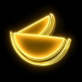 An illuminated yellow neon icon featuring two melon slices, positioned on a black backdrop Royalty Free Stock Photo