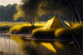 Illuminated yellow tent wild camping in the forest on the shore of a large lake under night sky. Royalty Free Stock Photo