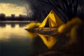Illuminated yellow tent wild camping in the forest on the shore of a large lake under night sky. Royalty Free Stock Photo