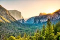 Illuminated Yosemite Valley view from the Tunnel Entrance to the Valley at Sunrise, Yosemite National Park Royalty Free Stock Photo