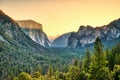 Illuminated Yosemite Valley view from the Tunnel Entrance to the Valley at Sunrise, Yosemite National Park Royalty Free Stock Photo