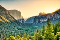 Illuminated Yosemite Valley view from the Tunnel Entrance to the Valley at Sunrise, Yosemite National Park Royalty Free Stock Photo