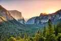 Illuminated Yosemite Valley view from the Tunnel Entrance to the Valley at Sunrise, Yosemite National Park Royalty Free Stock Photo