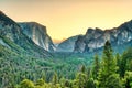 Illuminated Yosemite Valley view from the Tunnel Entrance to the Valley at Sunrise, Yosemite National Park Royalty Free Stock Photo