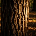 Illuminates the textured bark of a tree trunk creating a striking Royalty Free Stock Photo