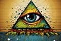 Illuminati triangle with eye and paint splatter, AI