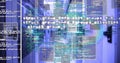 Illuminating central server-rack corridor at data center, showing racks, LEDs and code overlays Royalty Free Stock Photo