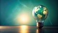 Illuminating global sustainability a conceptual image of earth within a lightbulb on a wooden surface. Generative AI
