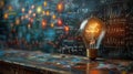 Illuminating Ideas: A Glowing Light Bulb Overlaying a Complex Chalkboard Filled with Royalty Free Stock Photo