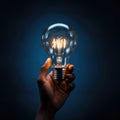 Illuminating Insights: Hand Holding Lightbulb Sparks Creativity in the Dark - Witness the magic of innovation with this