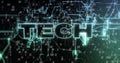 Illuminating neon text TECH featuring data-network, streaming binary code and glowing energy trails Royalty Free Stock Photo