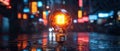 Illuminating the Rainy Cityscape: A Glowing Bulb in Neon-Drenched Streets Royalty Free Stock Photo