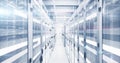Illuminating server cabinets revealing glowing LEDs in data center corridor, showing cable conduits Royalty Free Stock Photo