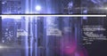 Illuminating server rack with network cables showing code overlay in data center, with LED lights Royalty Free Stock Photo