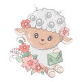 Illumination of cute lamb. Sheep surrounded by flowers. Cute little illustration of lamb for kids, baby book, fairy Royalty Free Stock Photo